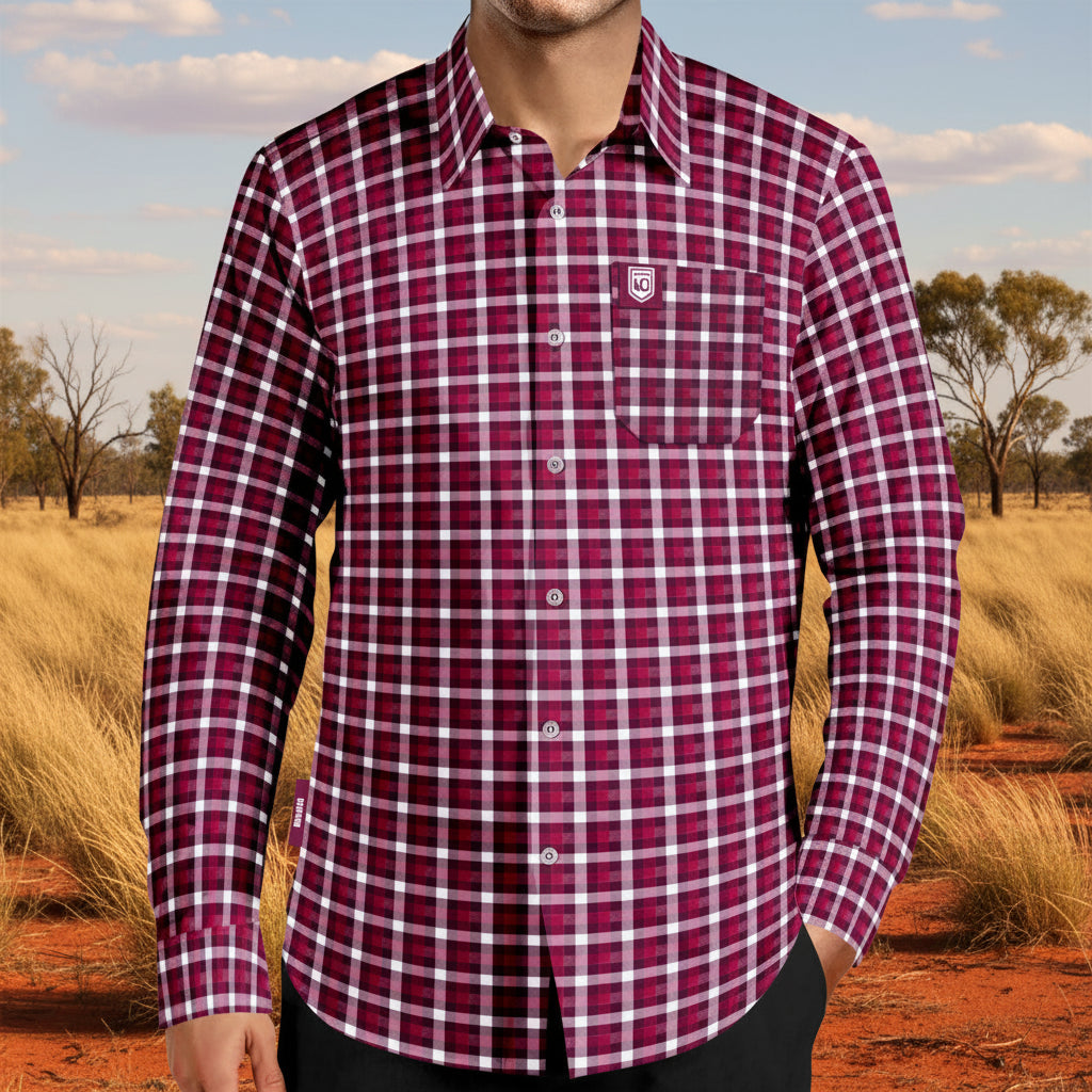 Red and white plaid shirt worn by a person on a white background
