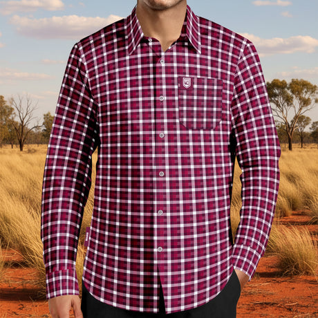 Red and white plaid shirt worn by a person on a white background