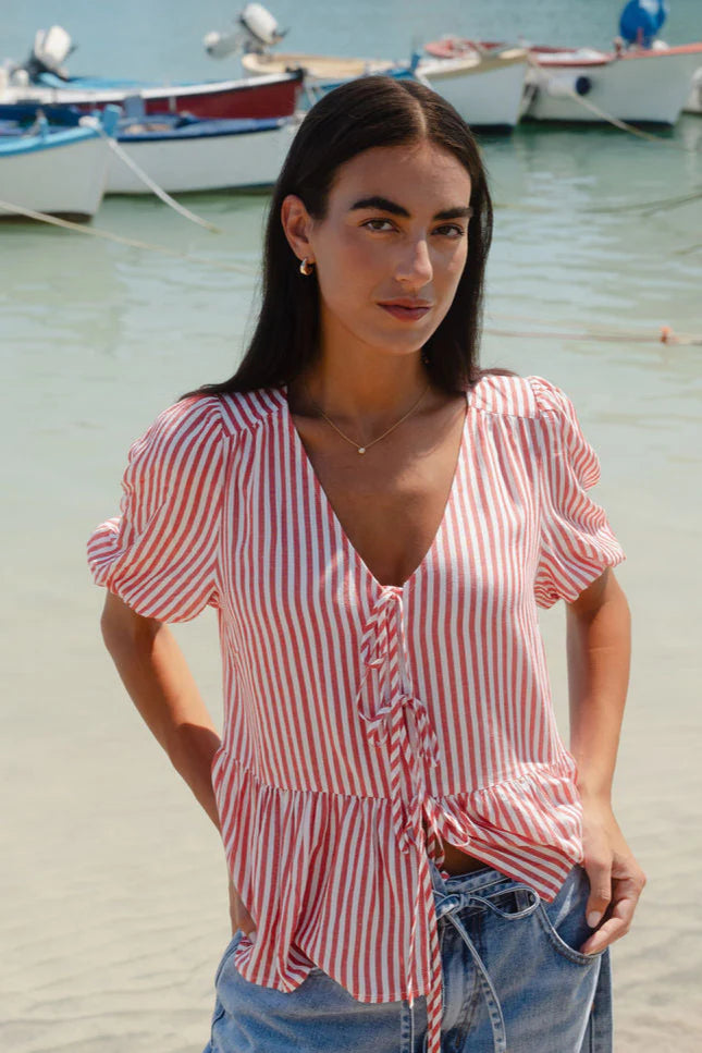 Flo & Frankie Ladies Restore Red Stripe Tie Front Peplum Short Sleeve Top