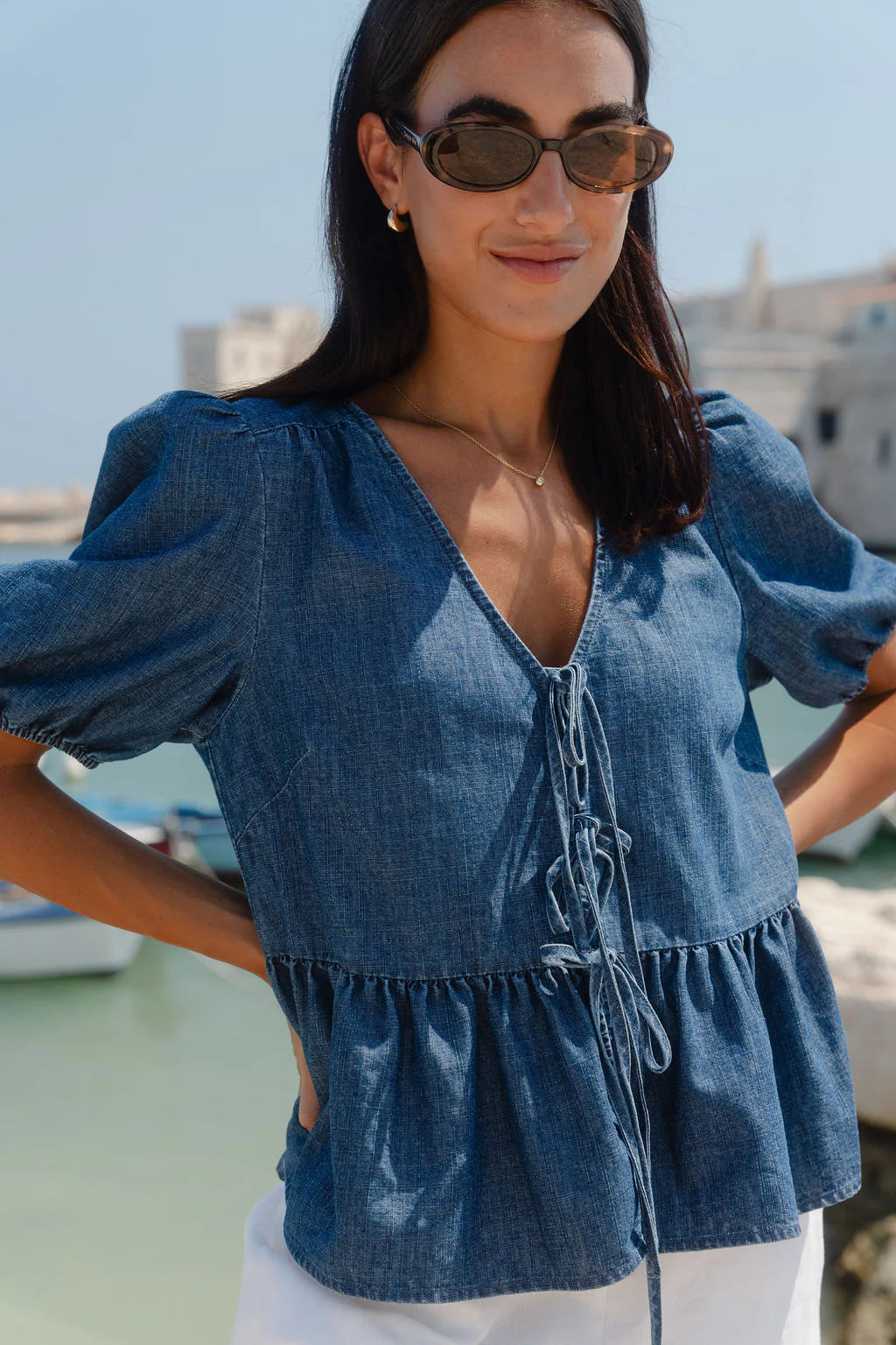 Flo & Frankie Ladies Restore Storm Blue Chambray Tie Front Peplum Short Sleeve Top