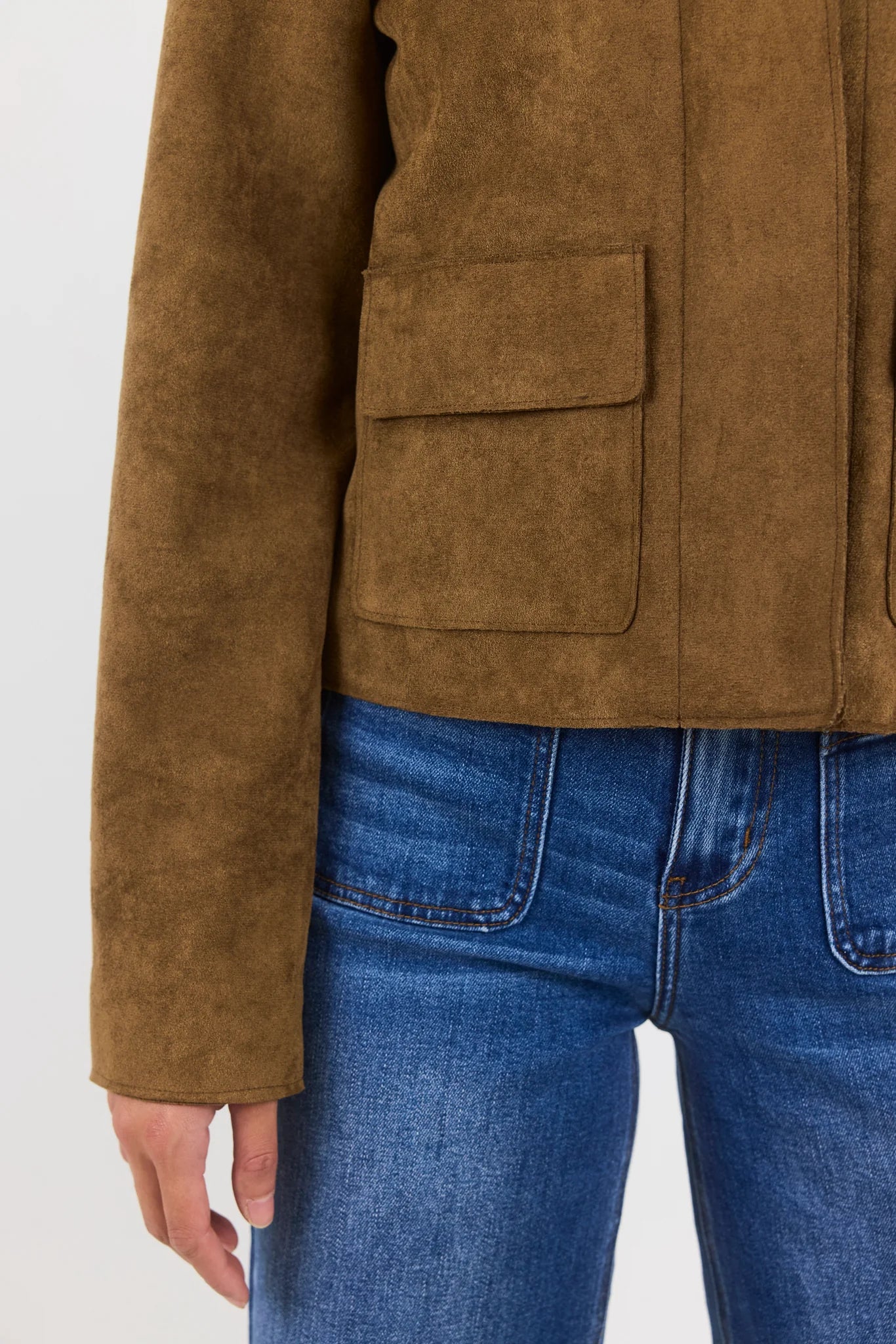 Among the Brave Exhibit Cinnamon Mock Suede Button Front Cropped Jacket
