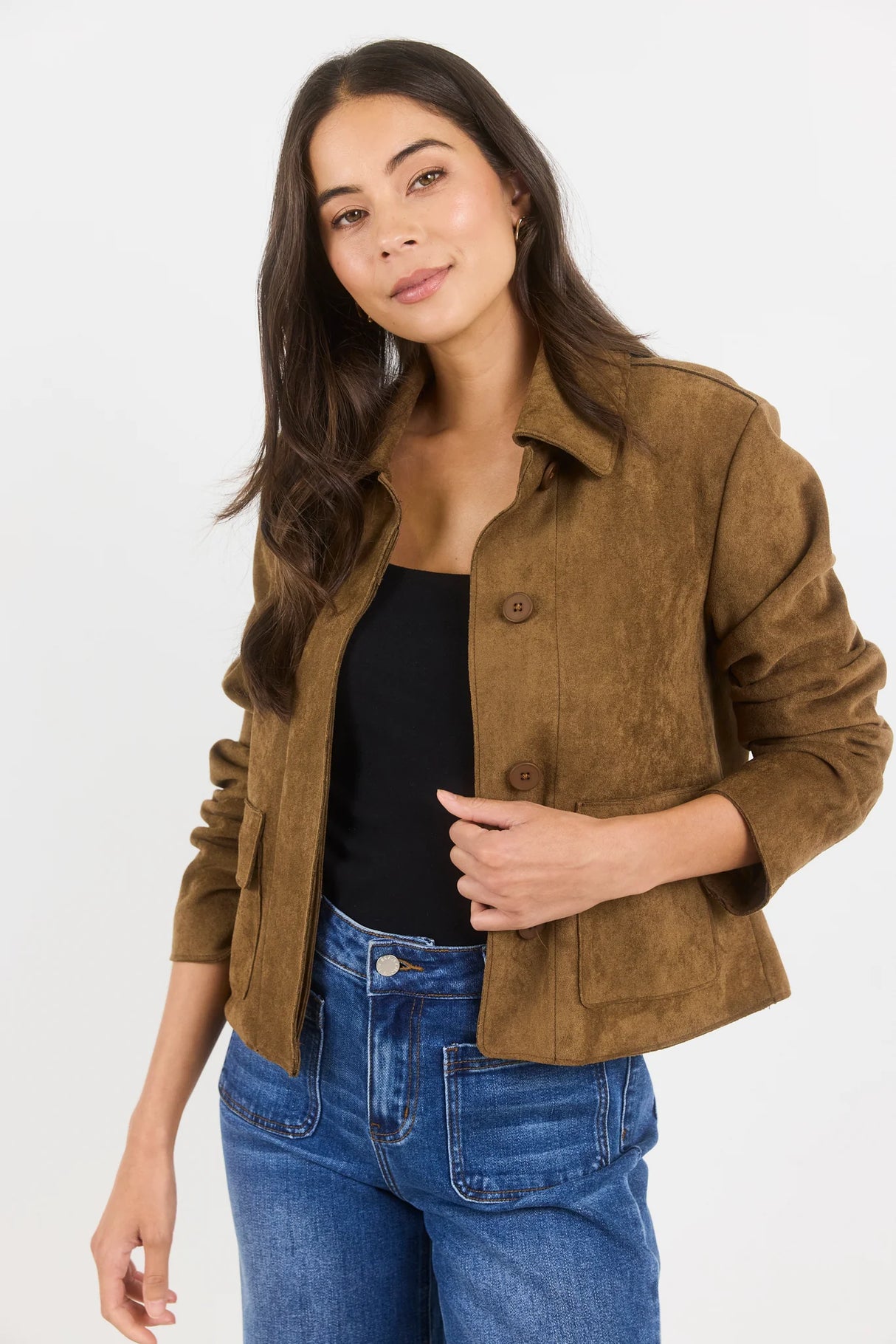 Among the Brave Exhibit Cinnamon Mock Suede Button Front Cropped Jacket