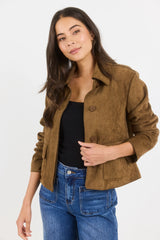Among the Brave Exhibit Cinnamon Mock Suede Button Front Cropped Jacket