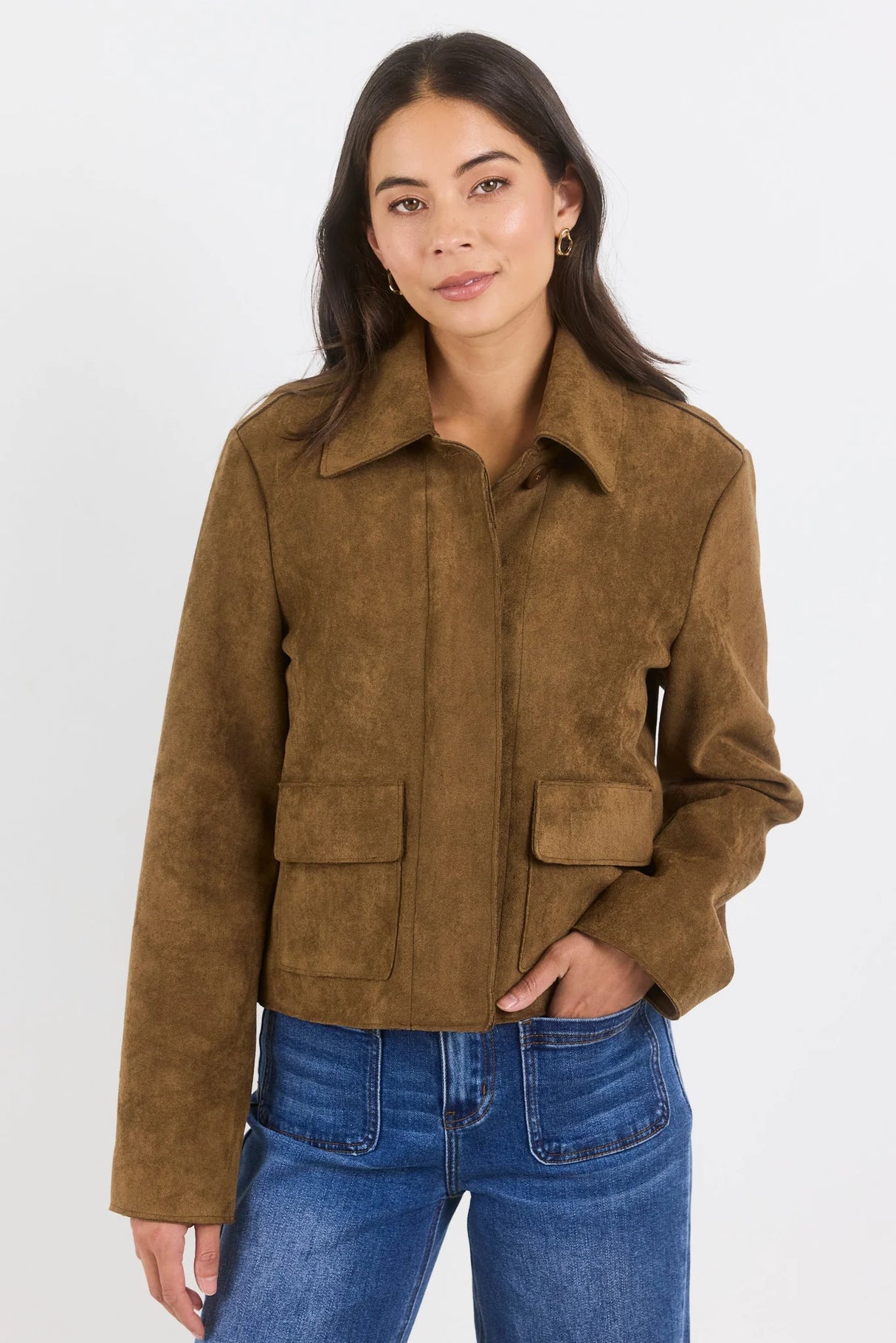 Among the Brave Exhibit Cinnamon Mock Suede Button Front Cropped Jacket