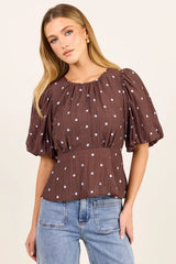 Stories Be Told Finali Mocha Blue Polka Dot Short Bubble Sleeve Top