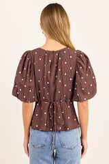 Stories Be Told Finali Mocha Blue Polka Dot Short Bubble Sleeve Top
