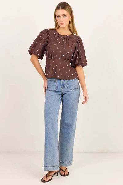 Stories Be Told Finali Mocha Blue Polka Dot Short Bubble Sleeve Top