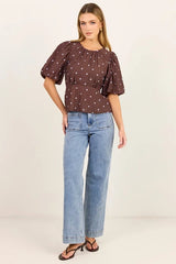 Stories Be Told Finali Mocha Blue Polka Dot Short Bubble Sleeve Top