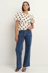 Flo & Frankie Ladies Finali Cream Black Polka Dot Puff Short Sleeve Top