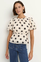 Flo & Frankie Ladies Finali Cream Black Polka Dot Puff Short Sleeve Top