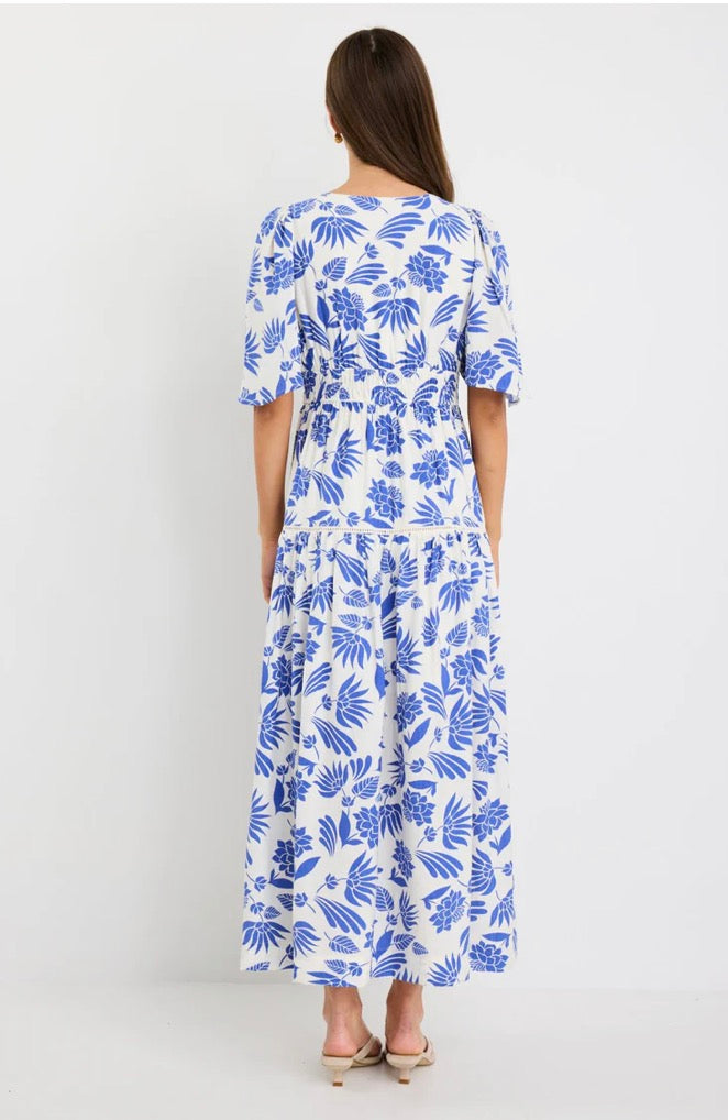 By Rosa Fluent Blue Lotus Flutter Sleeve Tiered Maxi Dress