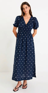 Eloquent Navy Polka Dot Flutter Sleeve Maxi Dress