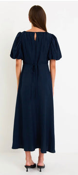 Chorus Navy Puffy Sleeve Scoop NeckFloaty Maxi Dress in Navy