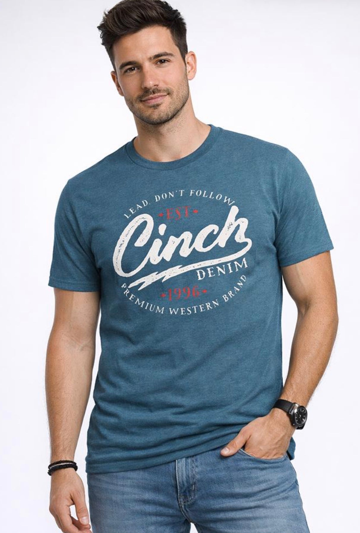 Cinch Mens Heather Blue Printed Logo T Shirt
