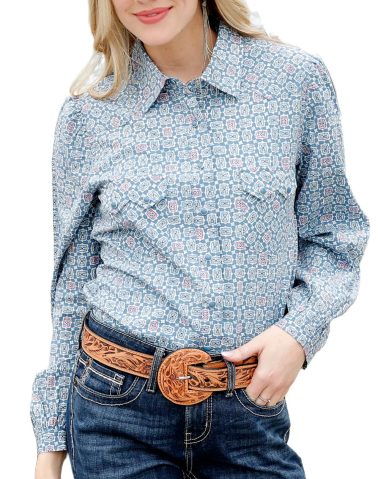 Cruel Denim Ladies Blue Patterned Button Down Shirt CTW7383006