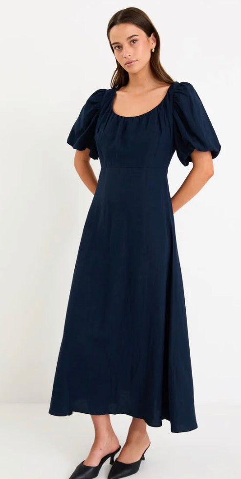 Chorus Navy Puffy Sleeve Scoop NeckFloaty Maxi Dress in Navy