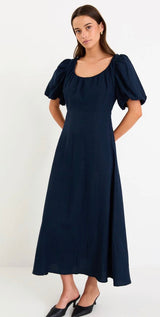 Chorus Navy Puffy Sleeve Scoop NeckFloaty Maxi Dress in Navy