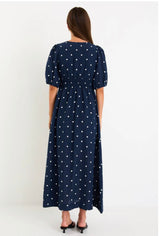 Eloquent Navy Polka Dot Flutter Sleeve Maxi Dress