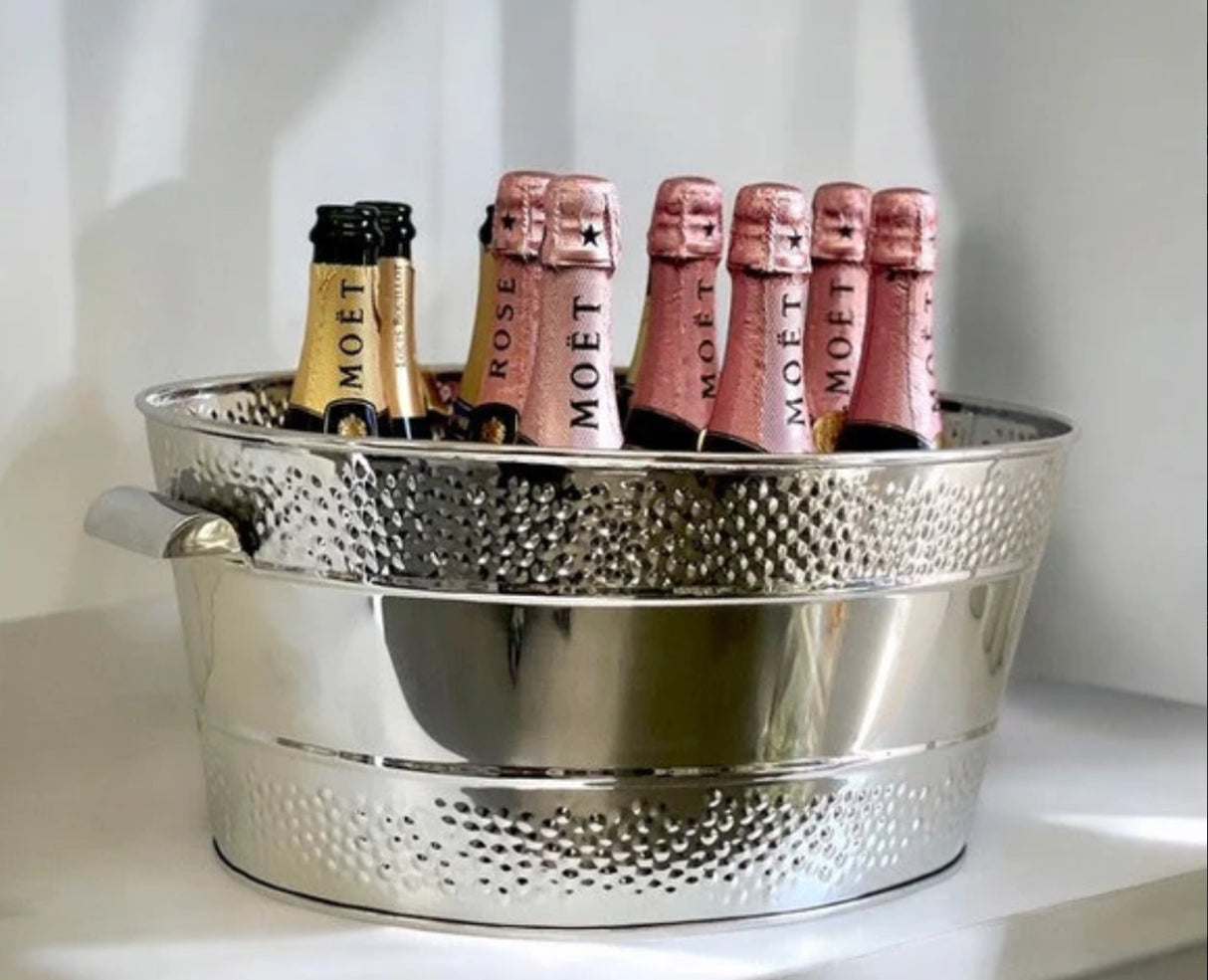 Stainless Steel Oval Dotted Double Border Party/ Champagne Bucket W/Metal Handle 200B