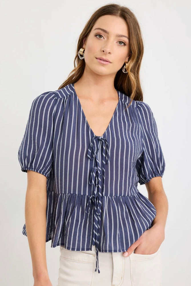 Stories to be told Navy stripe tie front Peplum SS Top