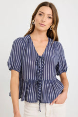 Stories to be told Navy stripe tie front Peplum SS Top
