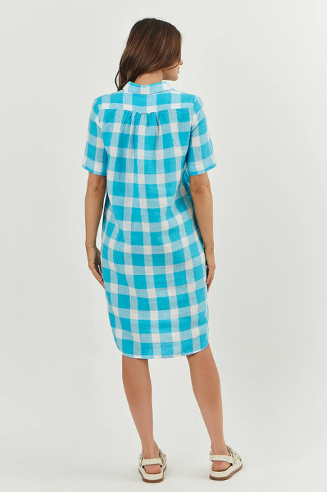 Enveloppe Linen Shirt Dress in Madras Turquoise