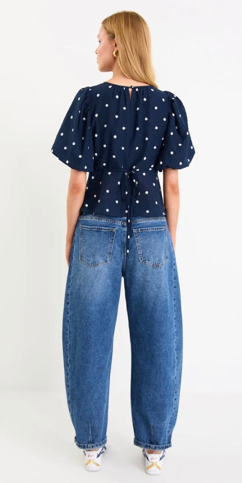 Finali Navy Polka Dot Bubble Sleeve Top