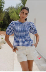 Among The Brave Requite Blue Gingham Shirred Body SS Top