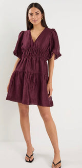 Axel Burgundy Plum Sleeve V Neck Mini Dress