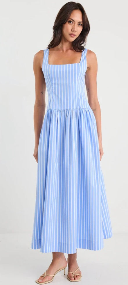 Gilded Blue Stripe sleeves Square Neck Maxi Dress