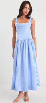 Gilded Blue Stripe sleeves Square Neck Maxi Dress