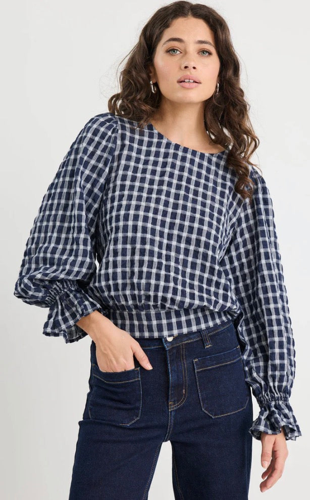 Imagine Ink Check Shirred Back LS Top
