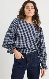 Imagine Ink Check Shirred Back LS Top