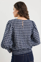 Imagine Ink Check Shirred Back LS Top