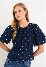 Finali Navy Polka Dot Bubble Sleeve Top