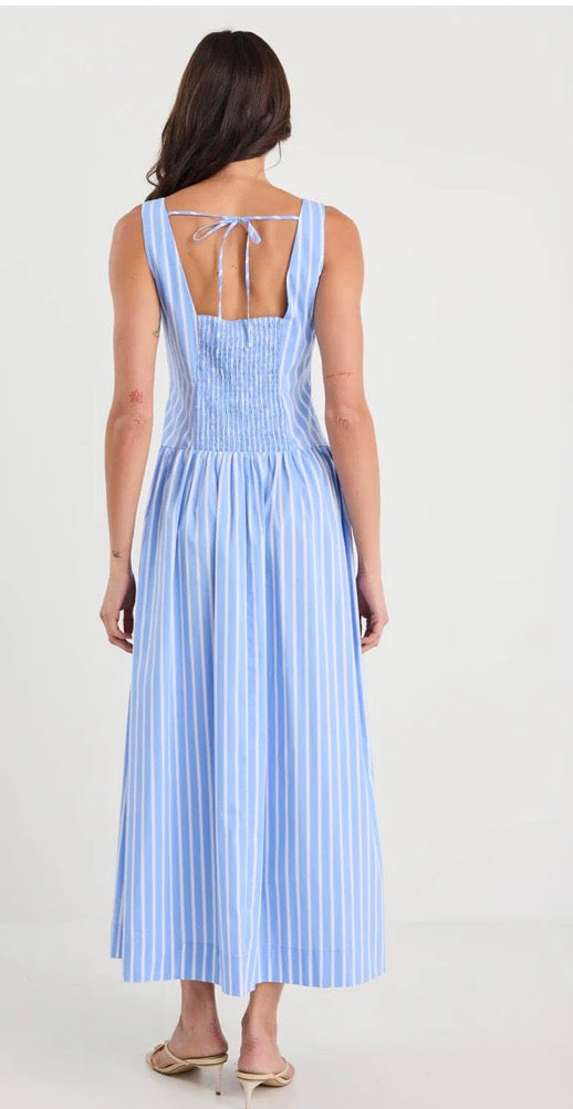Gilded Blue Stripe sleeves Square Neck Maxi Dress