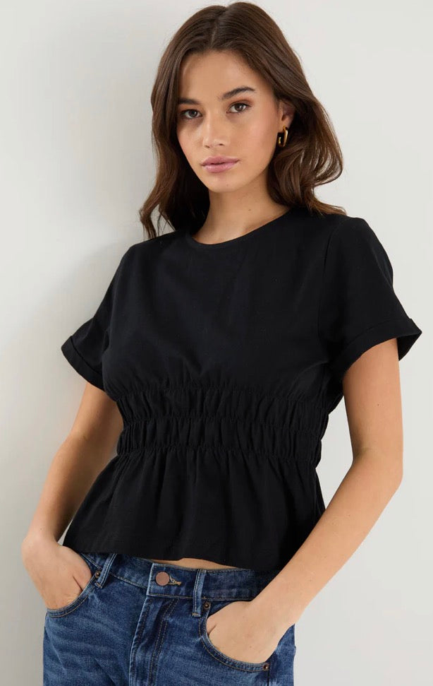 Svelte Black Shirred Detail SS Tee
