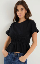 Svelte Black Shirred Detail SS Tee