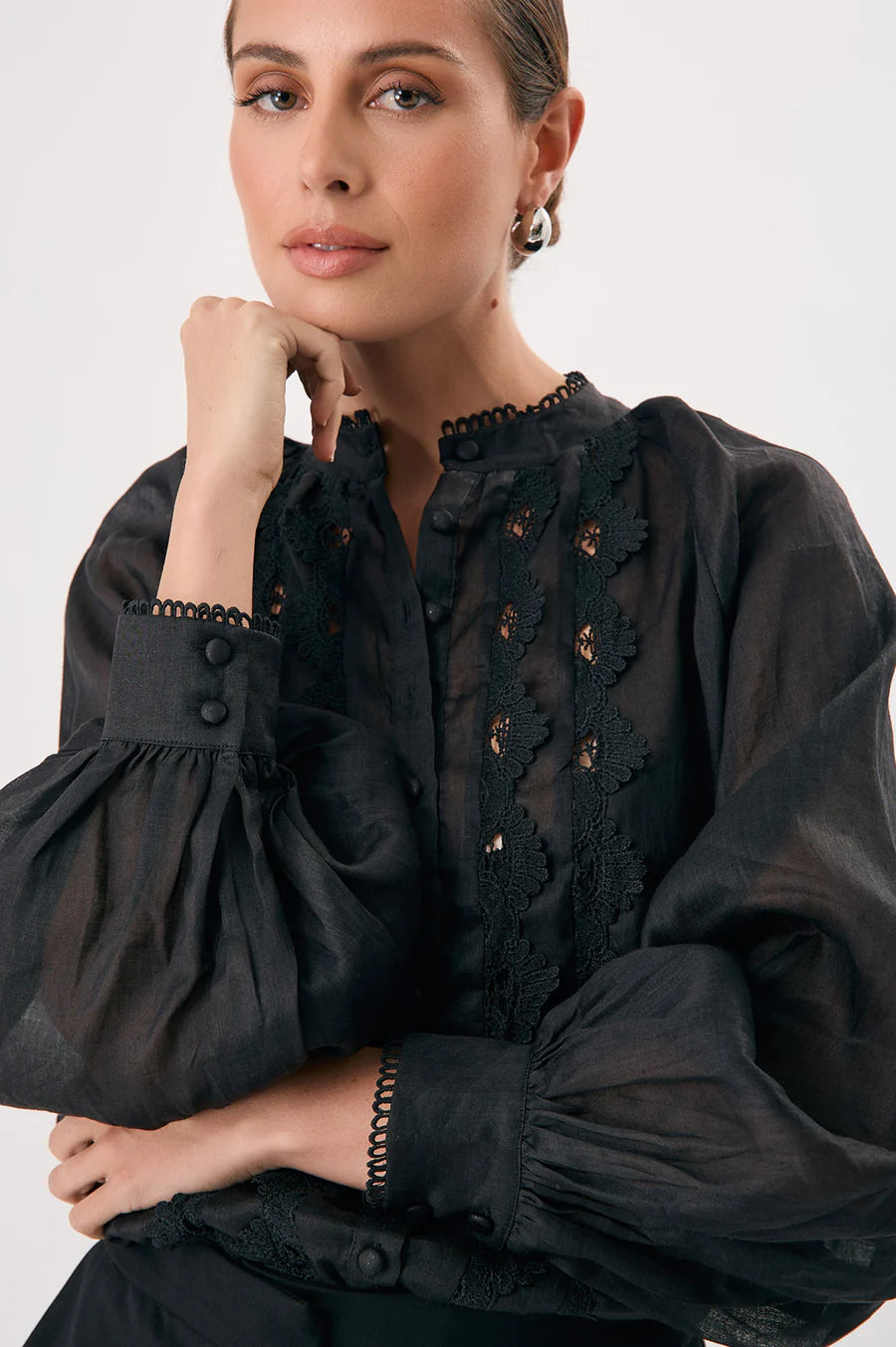 Adorne Ladies Darcy Lace Detail Ramie Shirt - Black