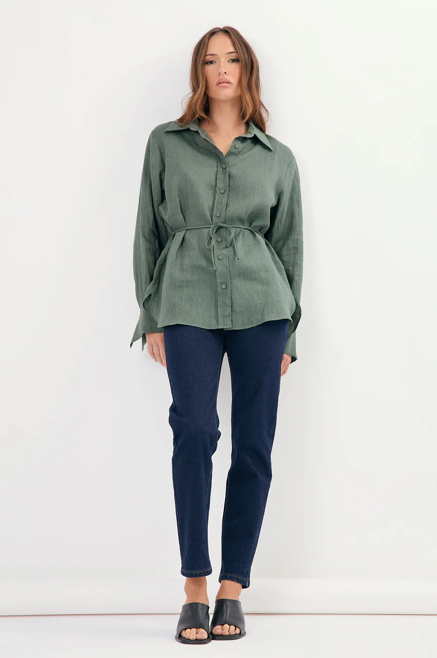 Adorne Ladies Yolanda Statement Cuff Linen Shirt - Khaki