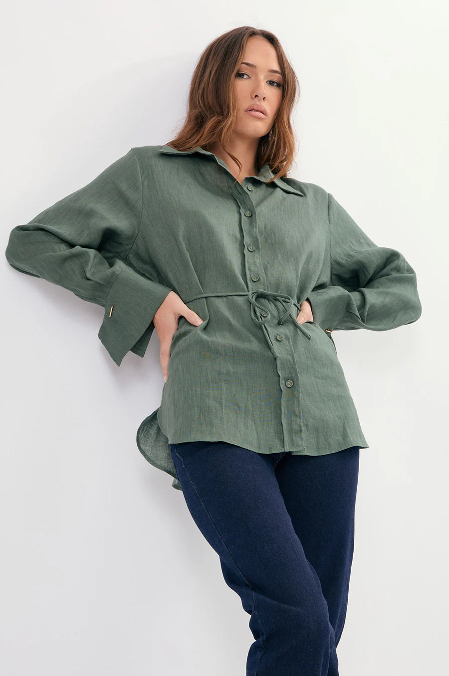 Adorne Ladies Yolanda Statement Cuff Linen Shirt - Khaki