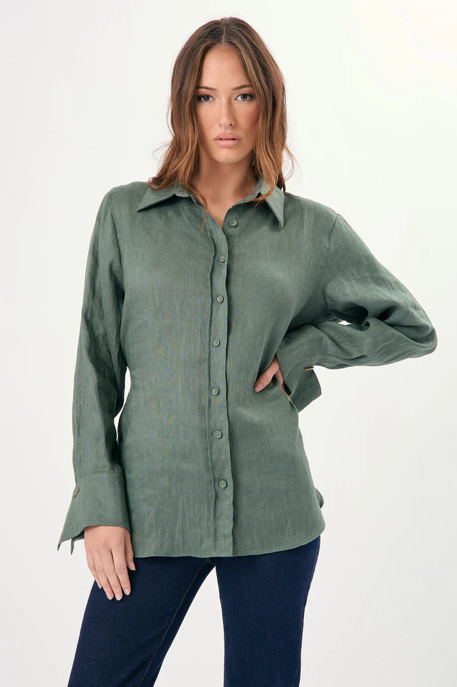 Adorne Ladies Yolanda Statement Cuff Linen Shirt - Khaki