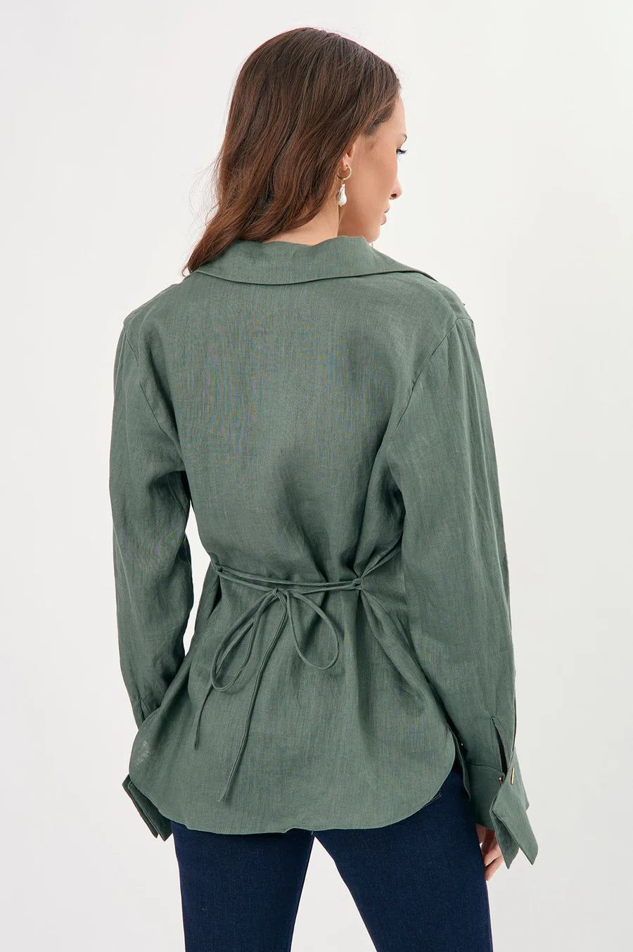 Adorne Ladies Yolanda Statement Cuff Linen Shirt - Khaki