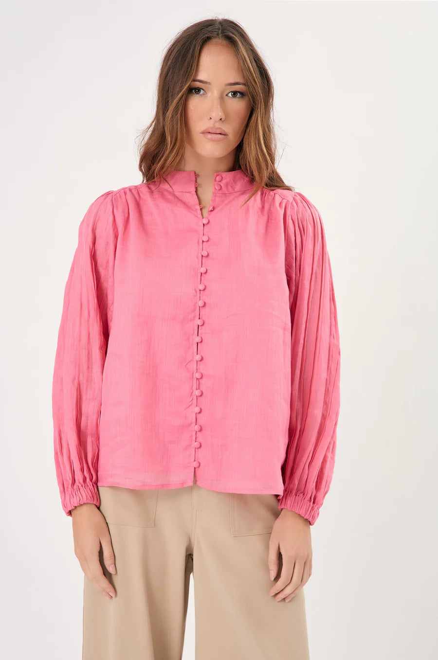 Adorne Ladies Rosy Pleated Sleeve Shirt - Pink