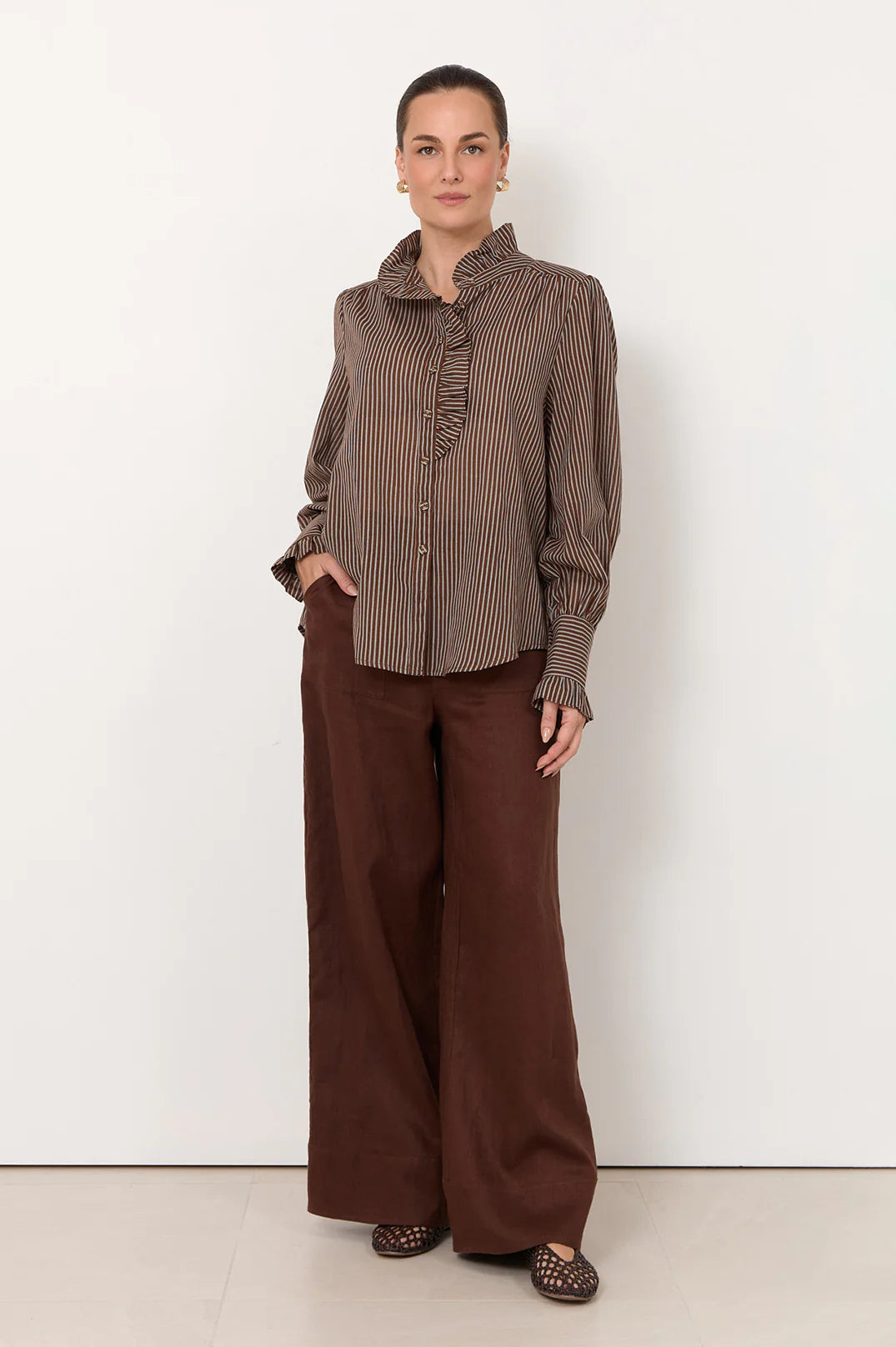 Adorne Ladies Maeve Stripe Shirt in Navy Or Chocolate