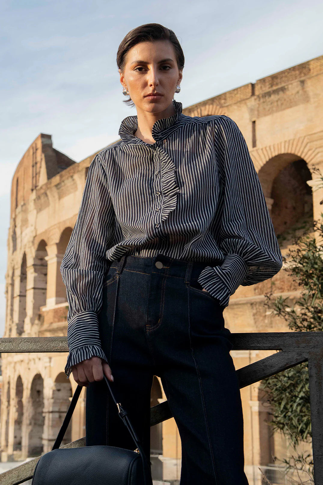 Adorne Ladies Maeve Stripe Shirt in Navy Or Chocolate