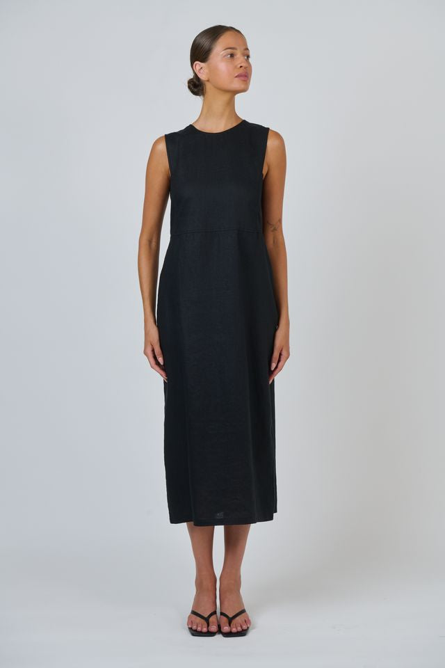 Natural O & J Sleeves Less Black Linen Dress
