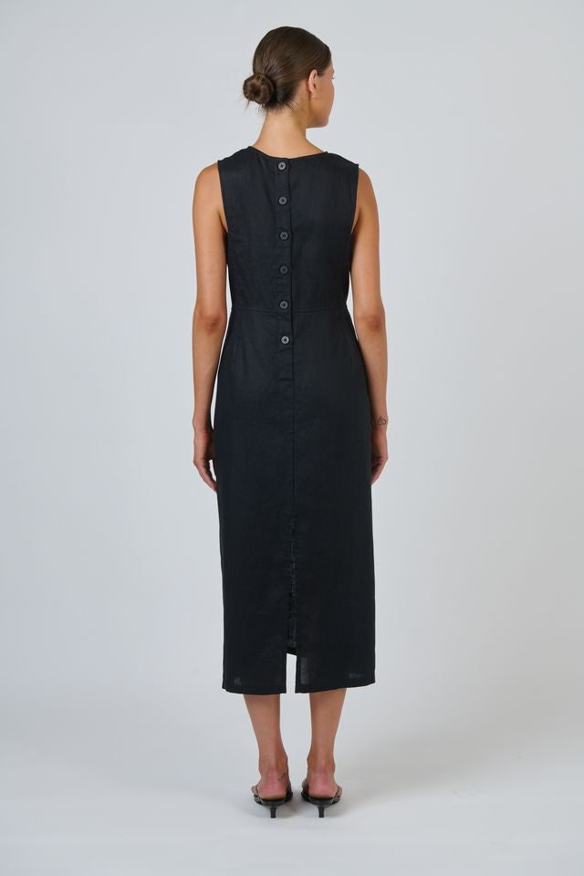 Natural O & J Sleeves Less Black Linen Dress