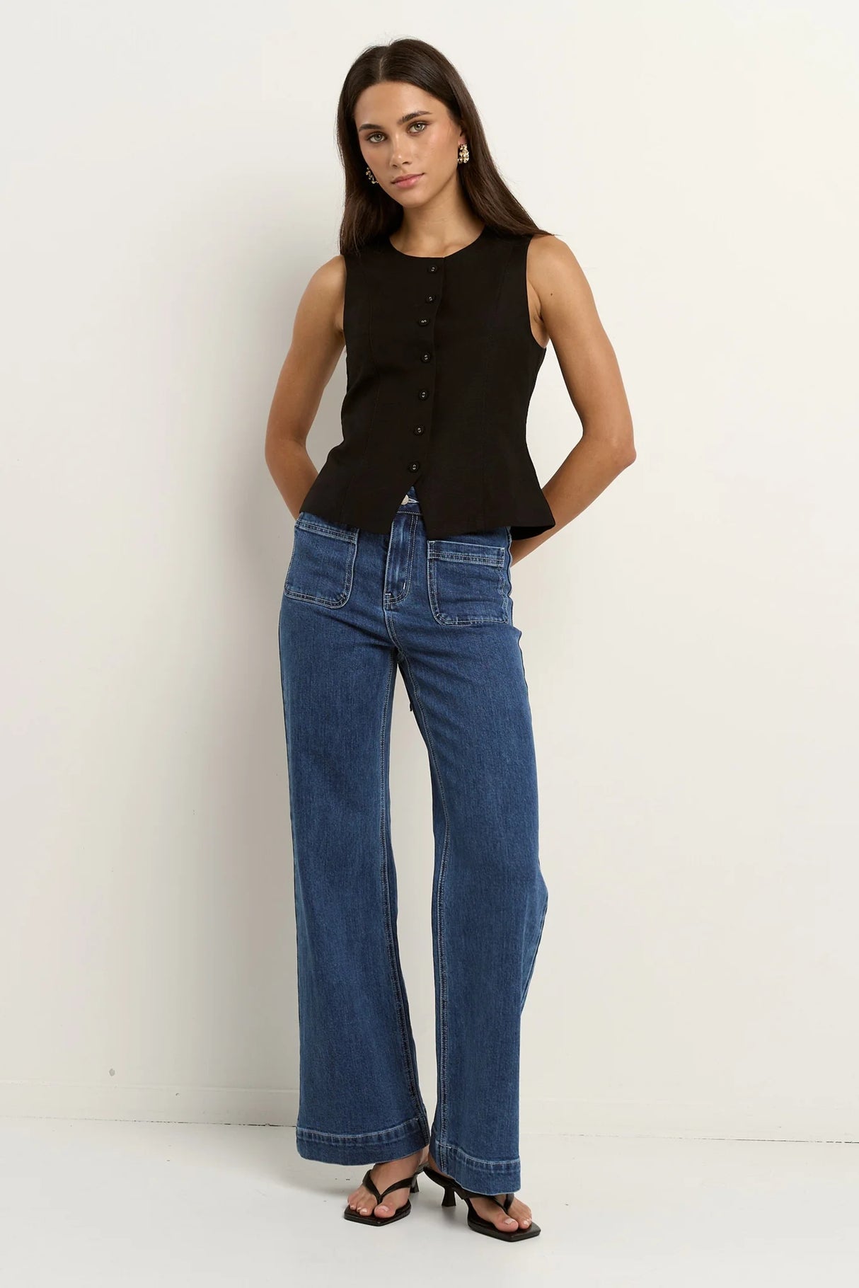 Re:Union Label Infusion Black Linen Viscose Sleeveless Vest - Black