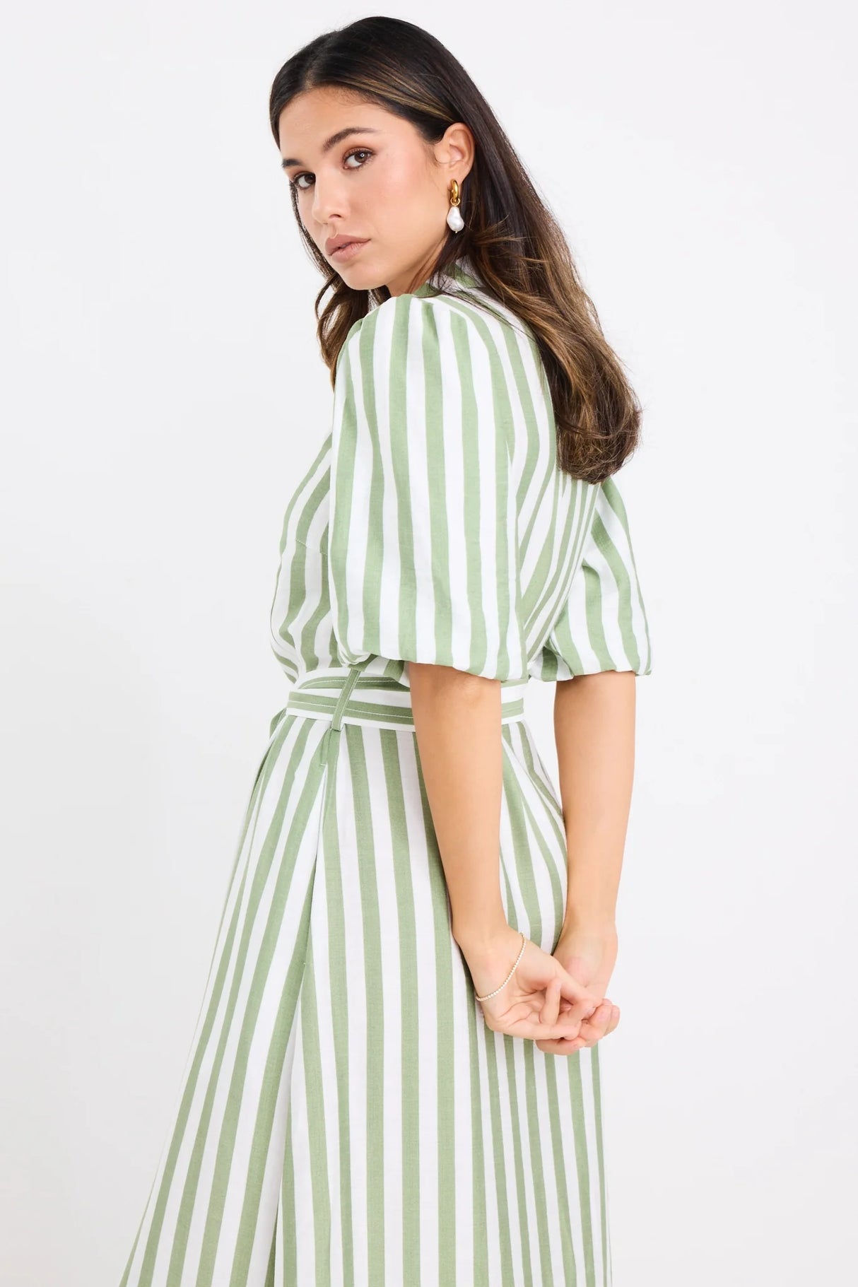 By Rosa Kindred Moss Stripe Puff Sleeve Midi Shirt Dress